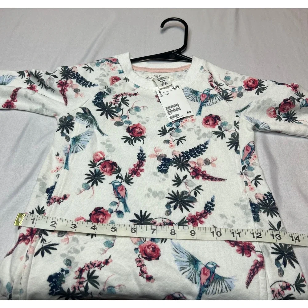 H&M LOGG Girls White Floral Bird Sweatshirt Dress Long Sleeve Size 4-6Y NWT